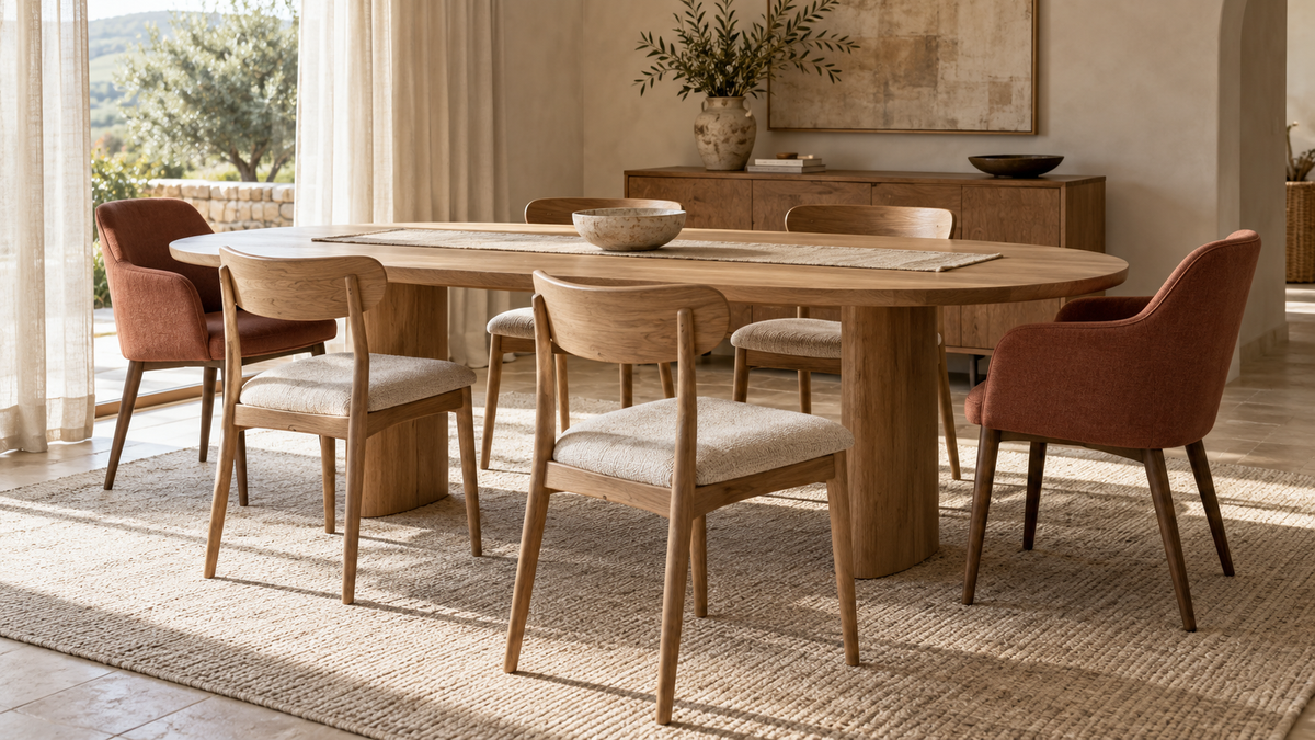 Sillas de comedor de diseño alrededor de una mesa