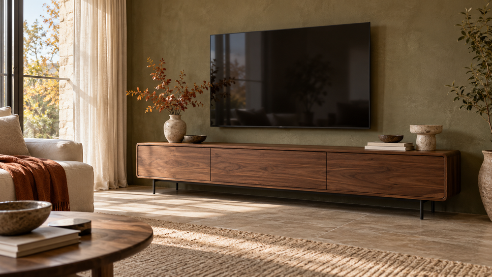 Mueble TV de diseño en un salón de otoño