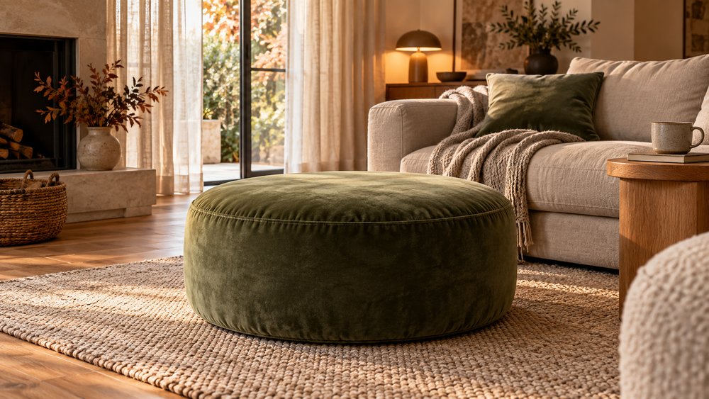 Puf de diseño en un salón de estilo hygge