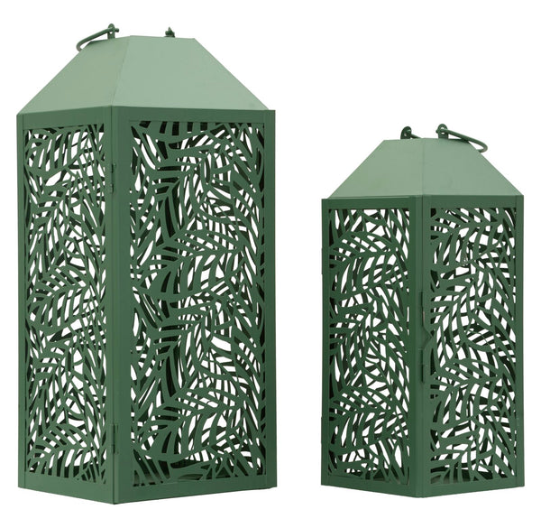 Joc de 2 fanals de metall calat verd sàlvia 18x18x44 i 14x14x34 cm