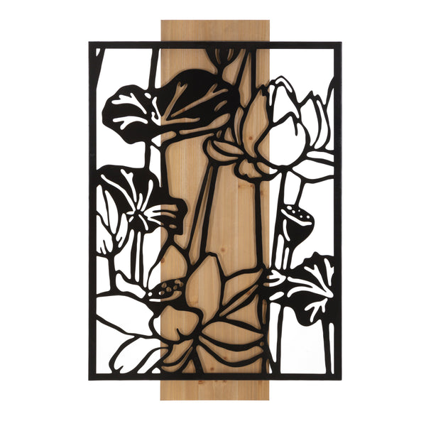 Panell decoratiu 3D amb disseny floral de metall negre i fusta marró 60x2x90 cm