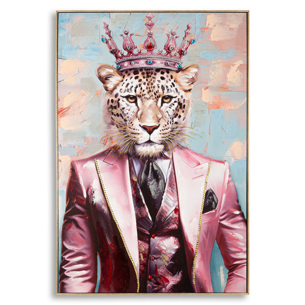 Quadre de lleopard amb corona sobre llenç rosa 82x4,5x122 cm