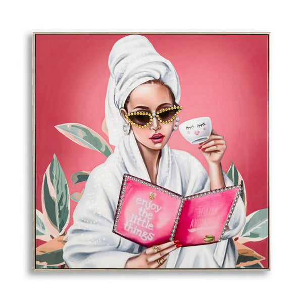 Quadre de dona relaxada amb bata sobre llenç 82x4x82 cm