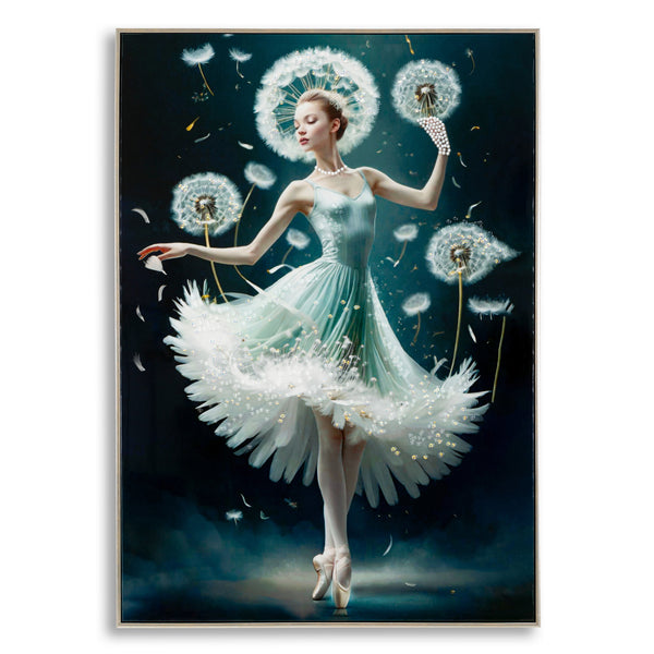 Cuadro de bailarina entre dientes de león sobre lienzo plateado 72x4x102 cm