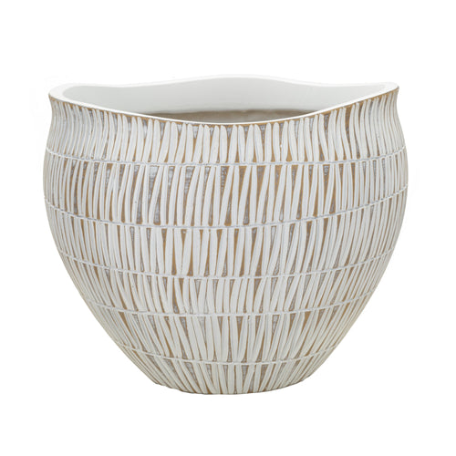 Cachepot de resina blanca con líneas geométricas