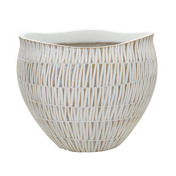 Cachepot de resina blanca con líneas geométricas Ø 30,5x24,5 cm