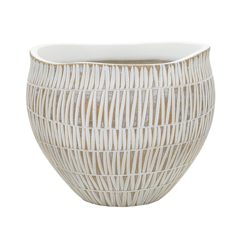 Cachepot de resina blanca con líneas geométricas