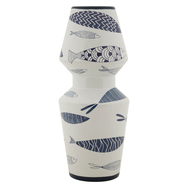 Jarrón de cerámica blanca con peces Ø 14x34 cm