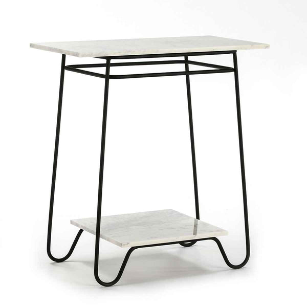 Taula auxiliar 71x41x78 cm de marbre blanc i metall negre