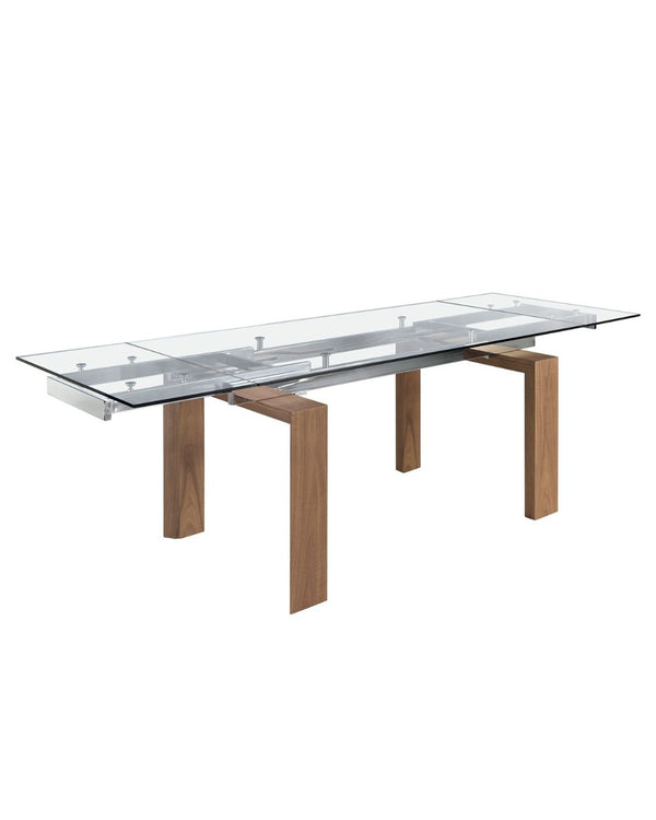 Taula de menjador extensible rectangular de vidre trempat i noguera 160x90x75 cm