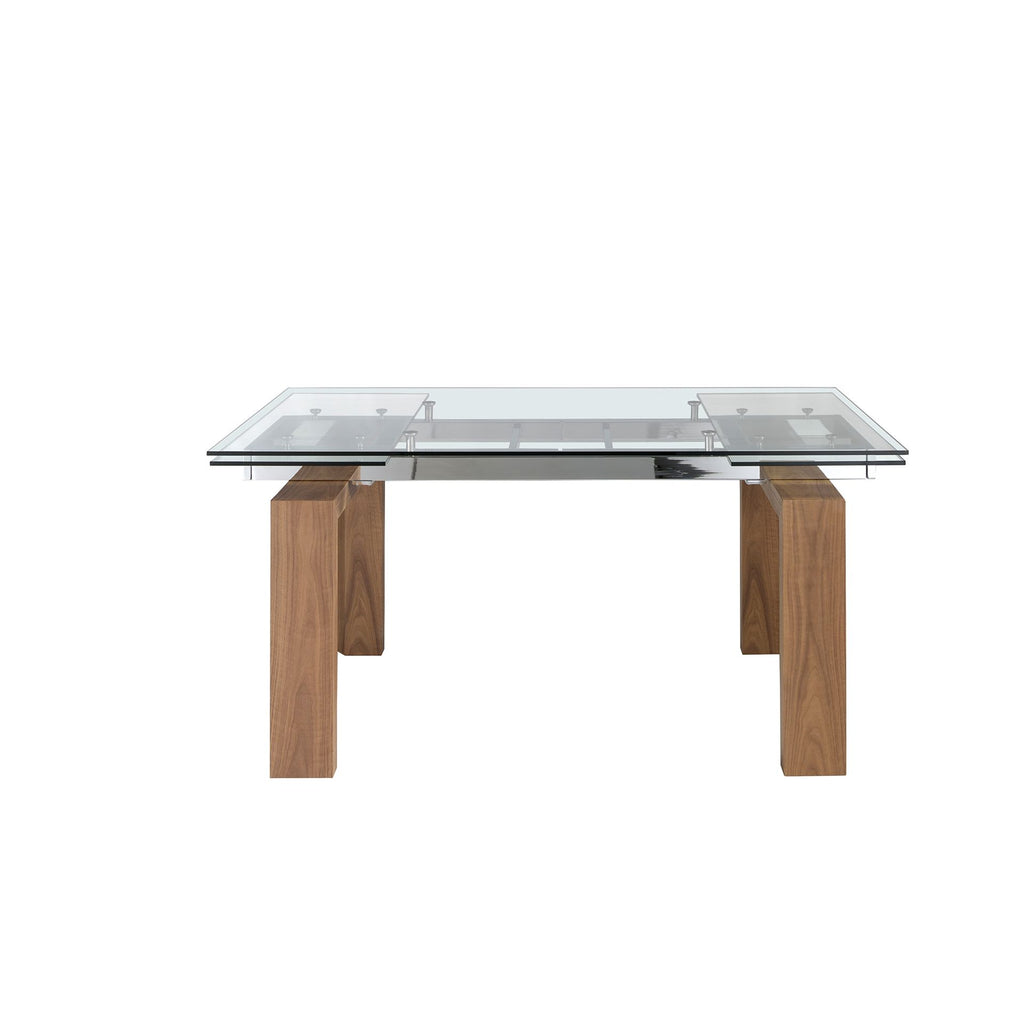 Mesa comedor extensible rectangular cristal templado y nogal