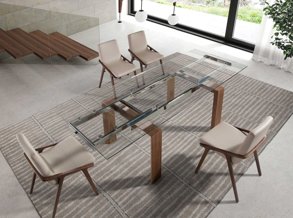 Mesa comedor extensible rectangular cristal templado y nogal