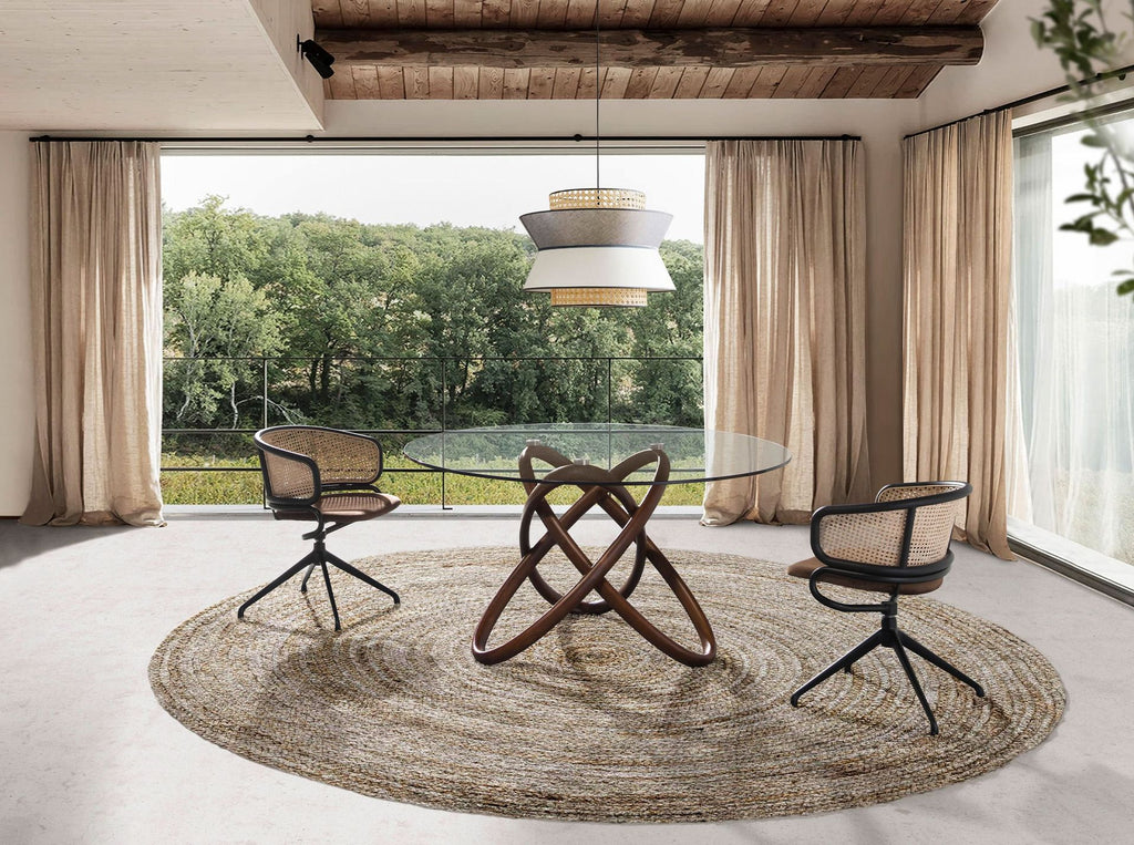 Mesa comedor redonda cristal templado y nogal