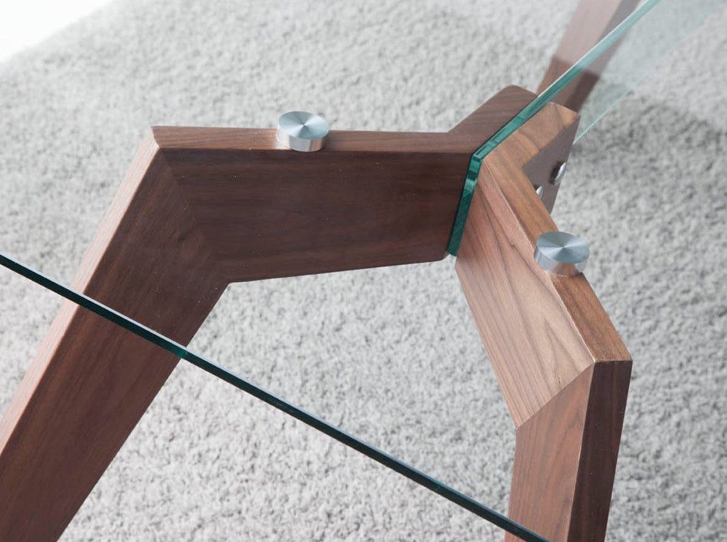 Mesa comedor rectangular cristal templado y nogal