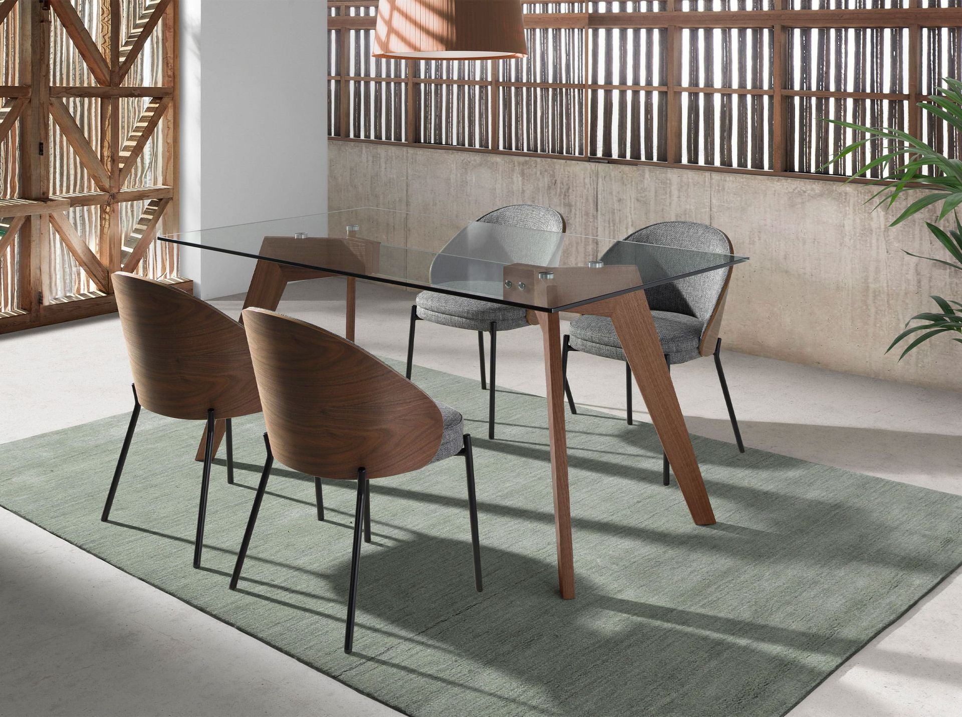 Mesa comedor rectangular cristal templado y nogal