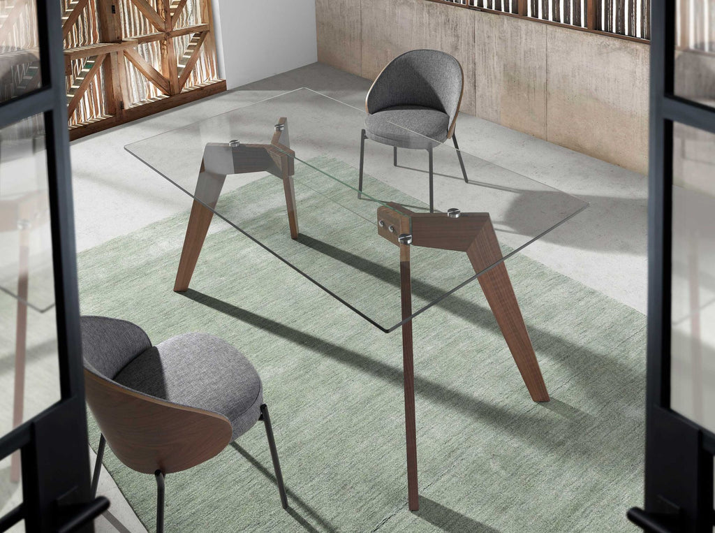 Mesa comedor rectangular cristal templado y nogal