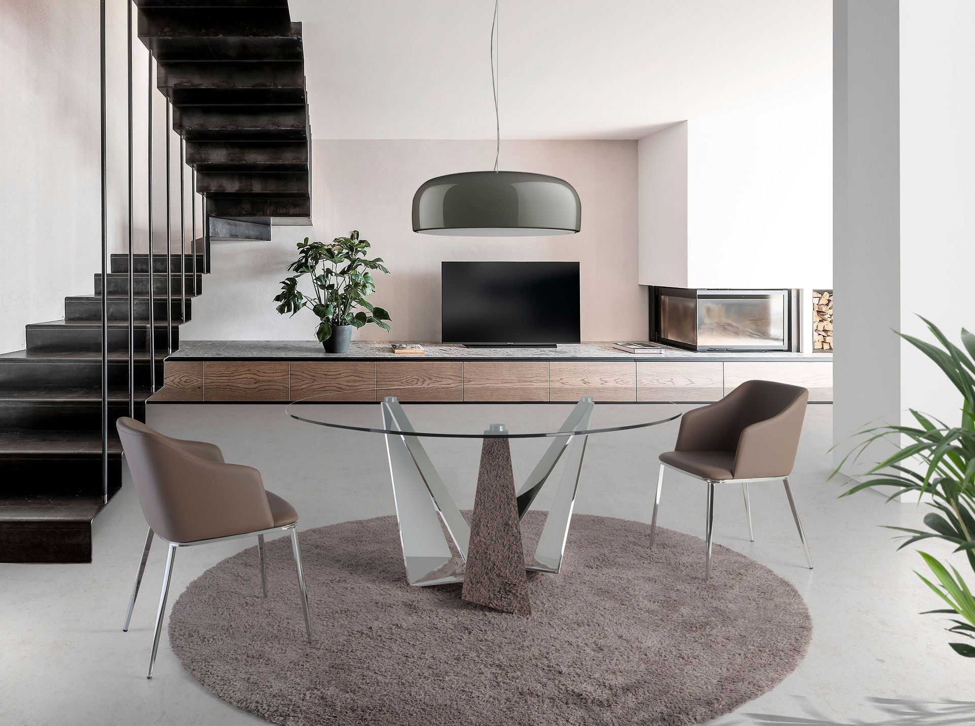 Mesa comedor redonda cristal templado y acero cromado