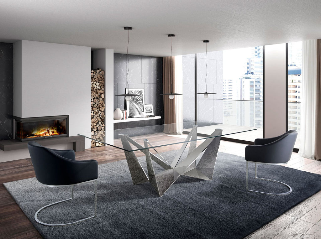 Mesa comedor rectangular cristal templado y acero cromado