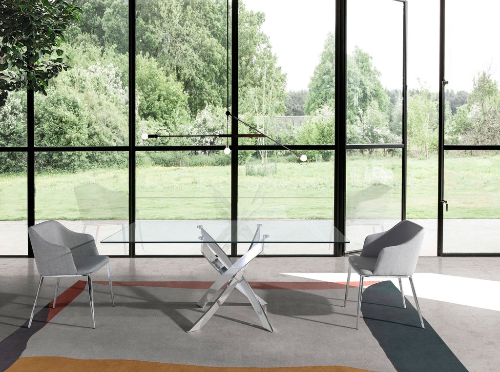 Mesa comedor rectangular cristal templado y acero cromado