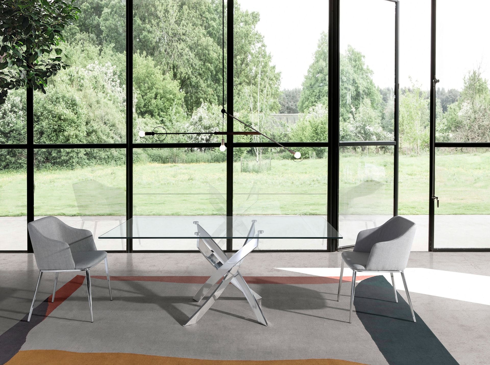 Mesa comedor rectangular cristal templado y acero cromado