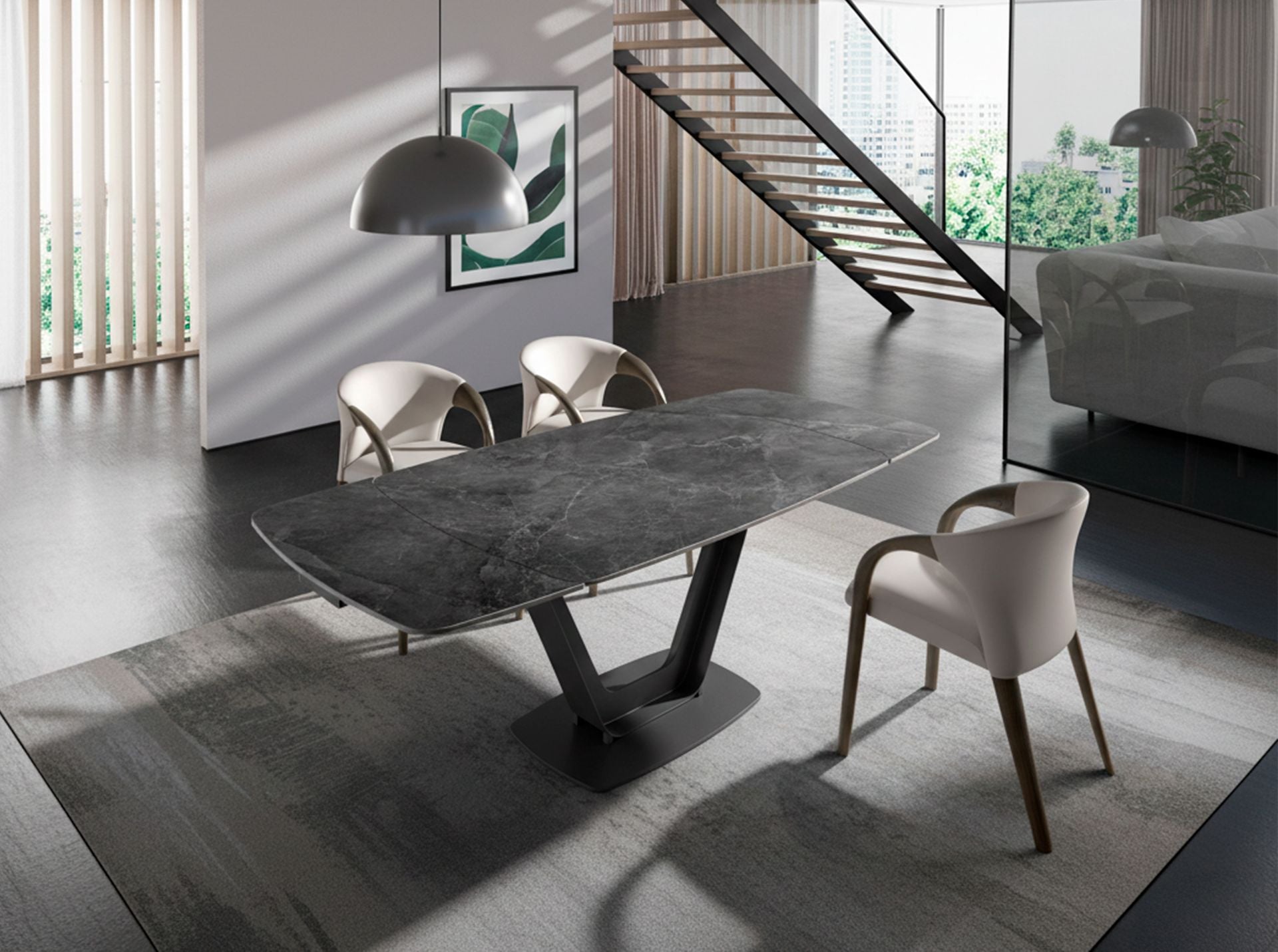 Mesa comedor extensible ovalada barril mármol porcelánico y acero negro