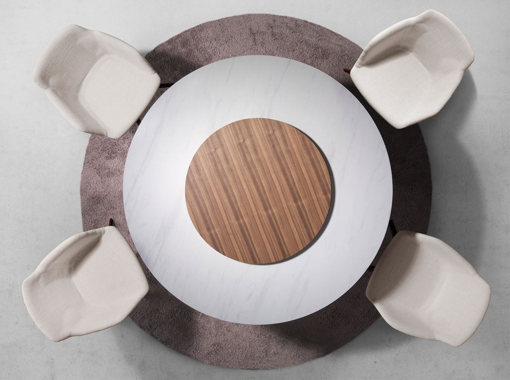 Mesa comedor redonda mármol porcelánico y nogal