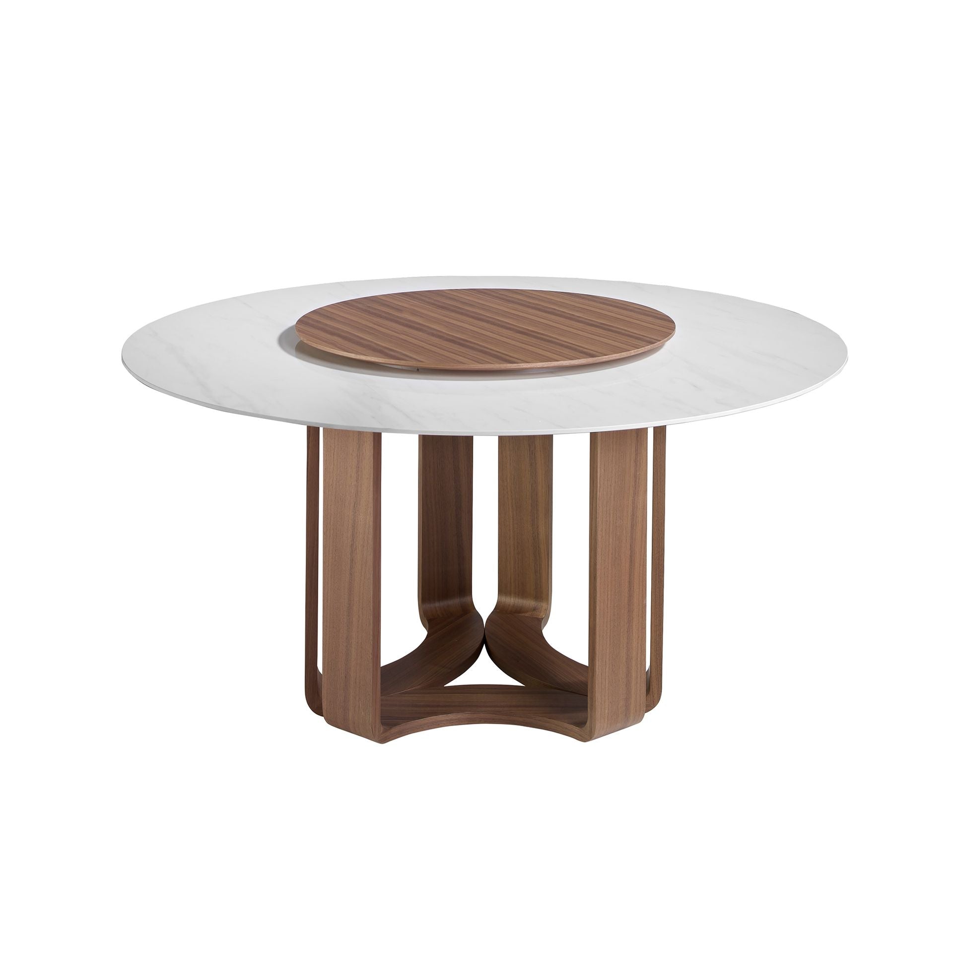 Mesa comedor redonda mármol porcelánico y nogal