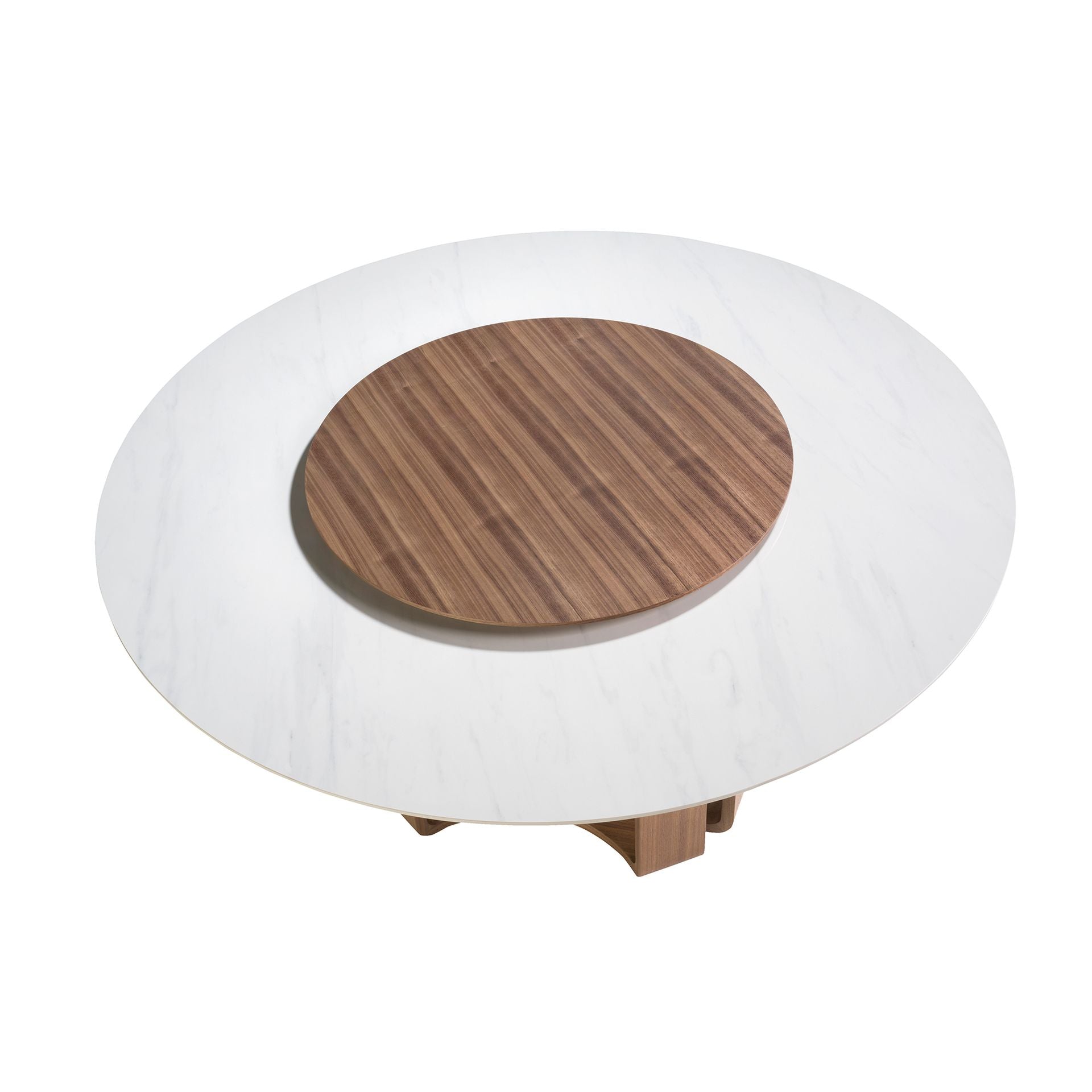 Mesa comedor redonda mármol porcelánico y nogal