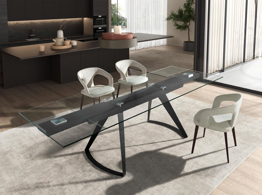 Mesa comedor extensible rectangular cristal templado y acero negro
