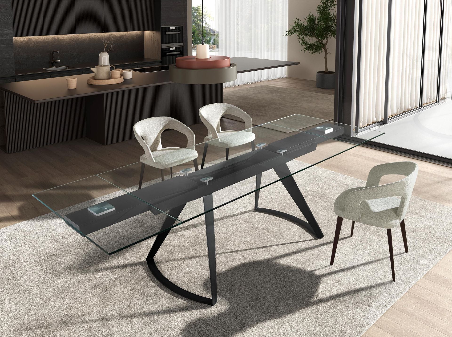 Mesa comedor extensible rectangular cristal templado y acero negro