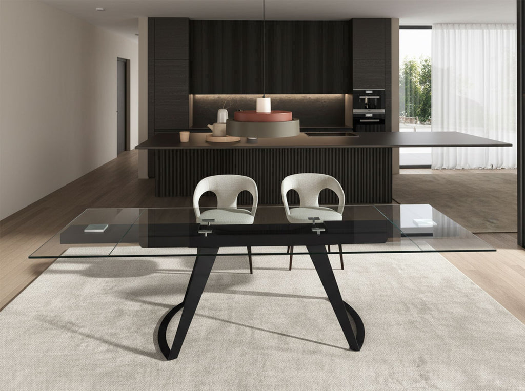 Mesa comedor extensible rectangular cristal templado y acero negro