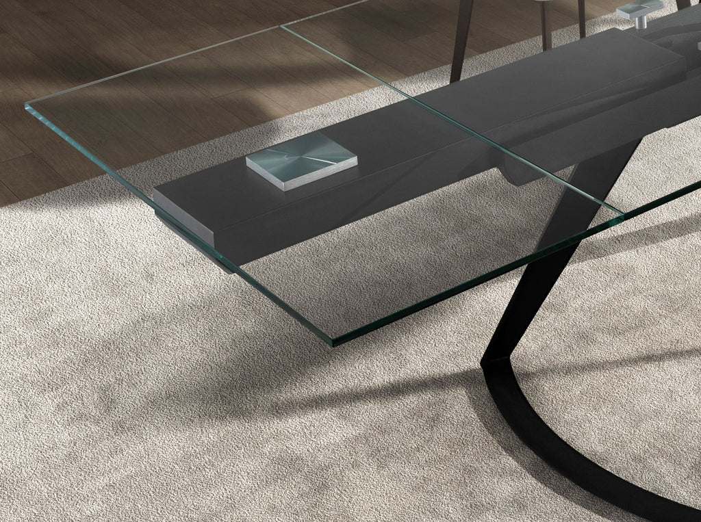 Mesa comedor extensible rectangular cristal templado y acero negro