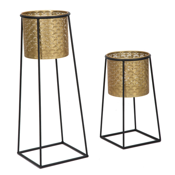 Juego de 2 maceteros de metal dorado y negro Ø 26x70 y 23x45 cm