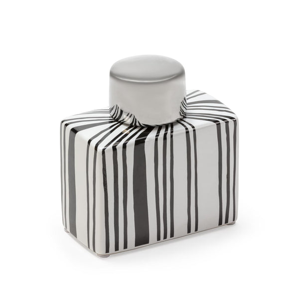 Tibor de cerámica blanca, negra y plata 13x7x14 cm