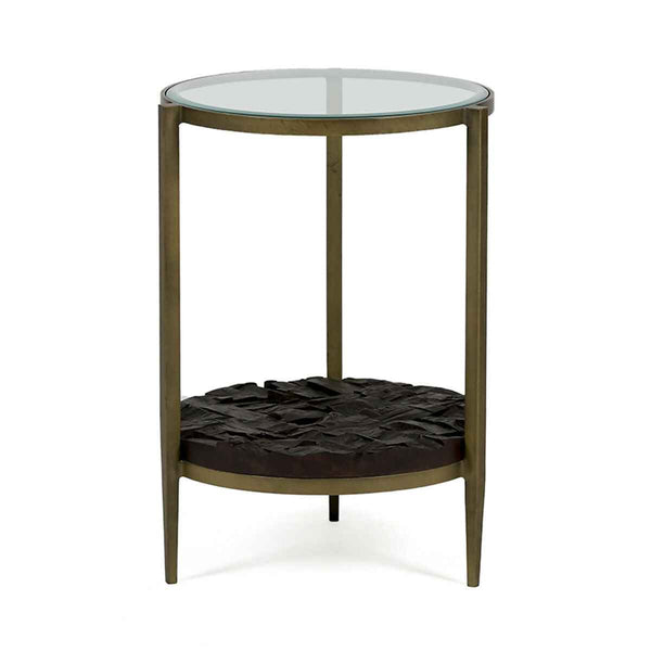 Taula auxiliar 51x51x61 cm de metall, fusta i vidre, daurat antic i marró