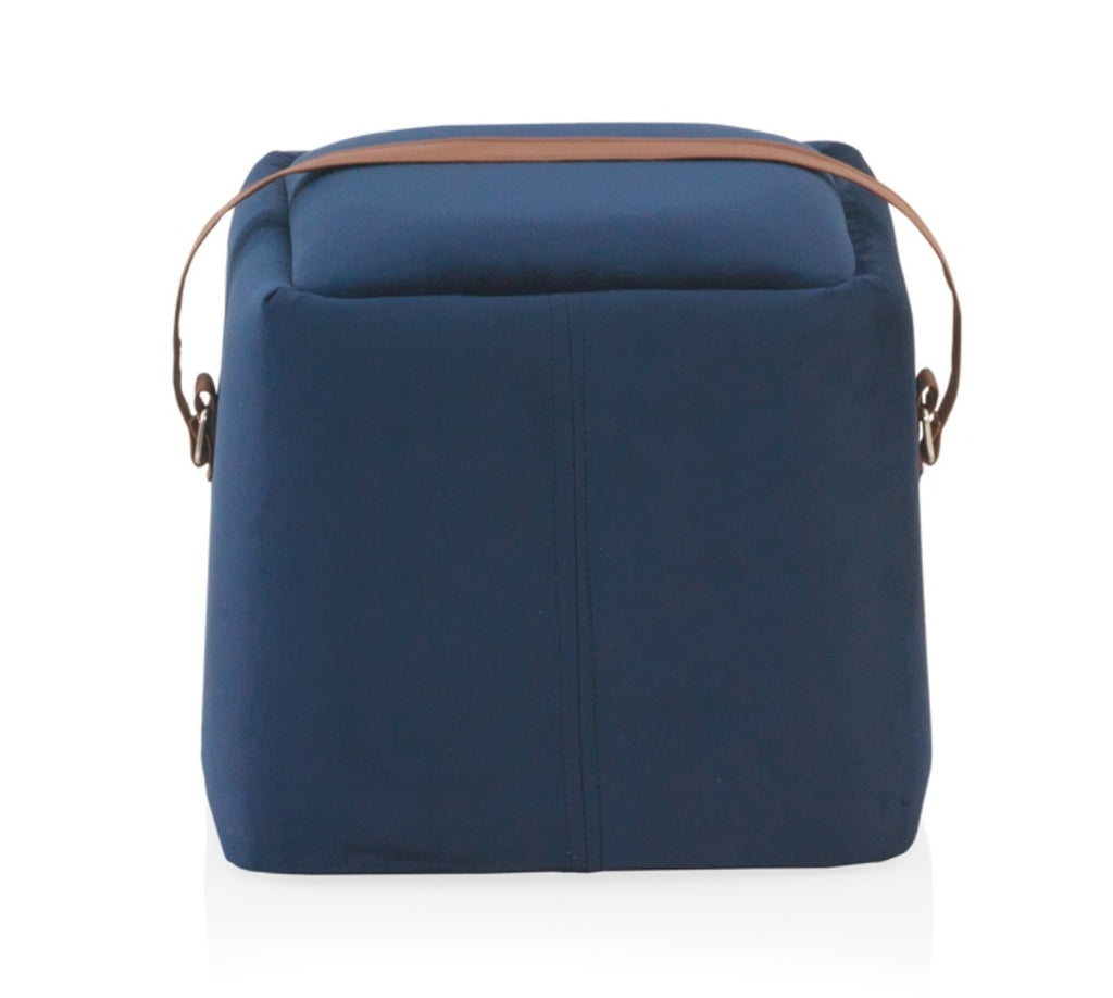 PUFF TAPIZADO TERCIOPELO AZUL CON ASA IMITACION PIEL