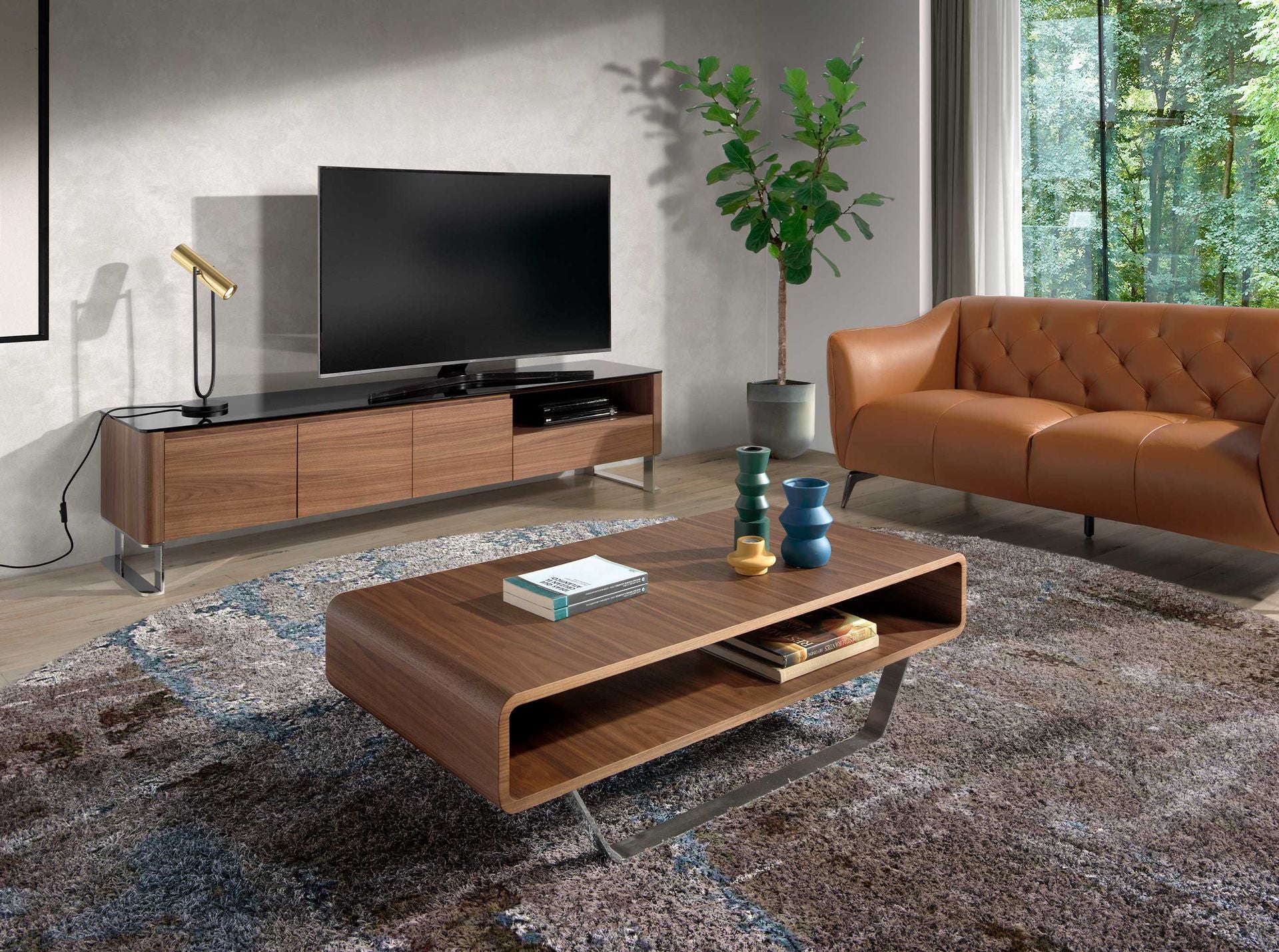 Mesa centro rectangular nogal y acero cromado