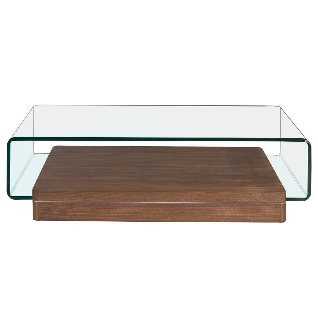 Mesa centro rectangular cristal templado y nogal