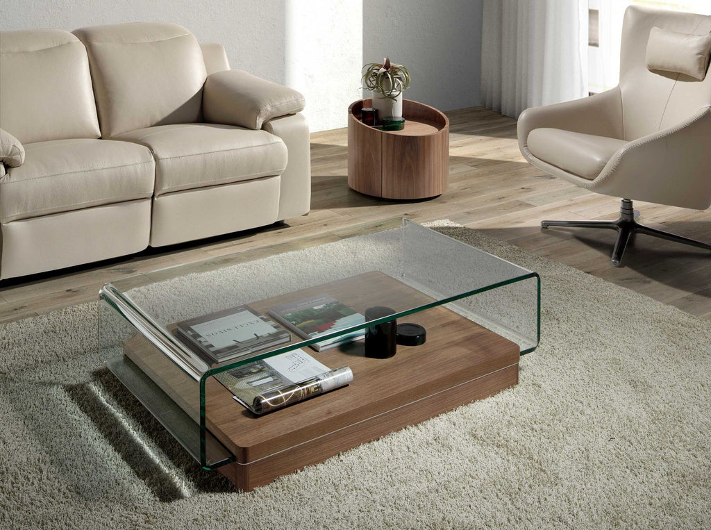 Mesa centro rectangular cristal templado y nogal