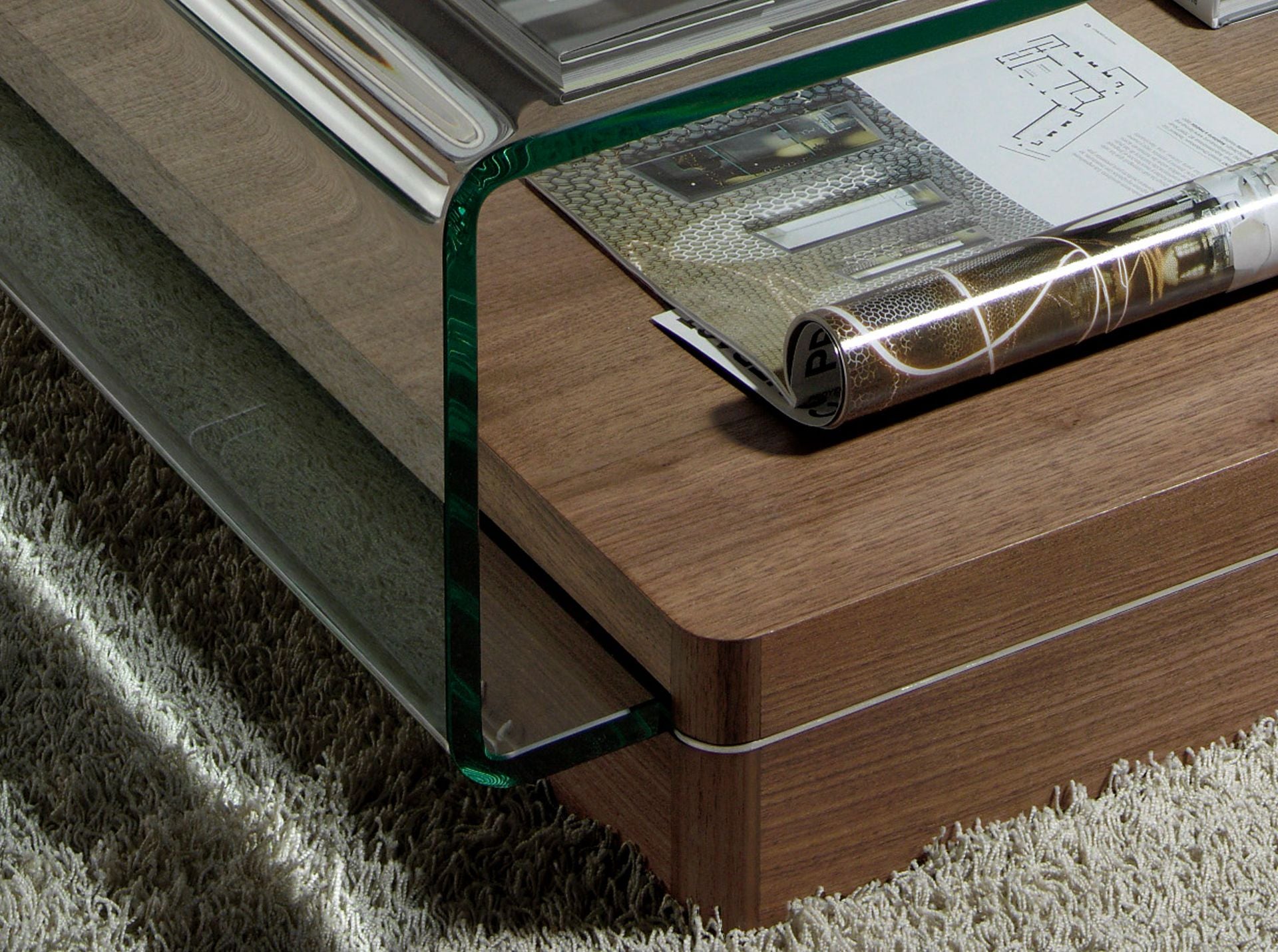 Mesa centro rectangular cristal templado y nogal