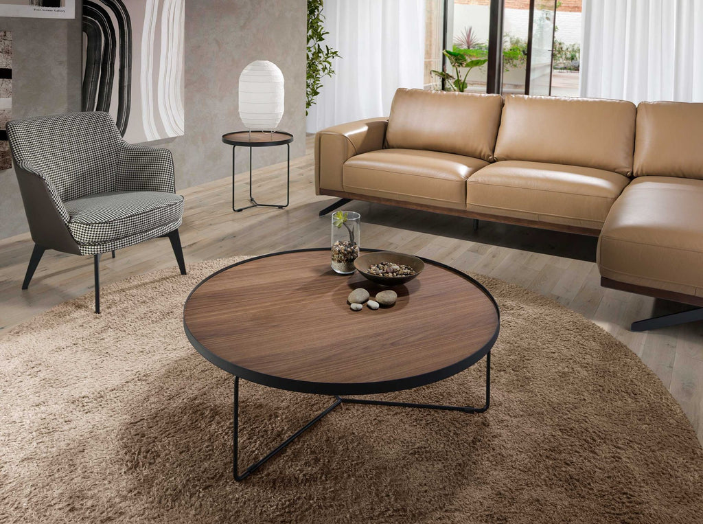 Mesa centro redonda nogal y acero negro