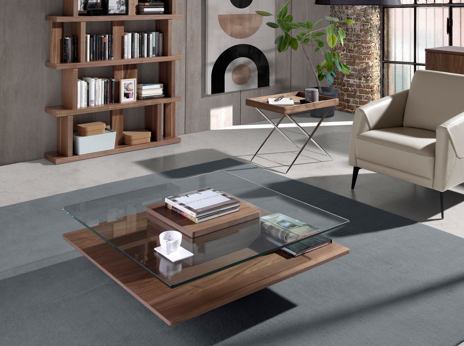 Mesa centro cuadrada cristal templado y nogal