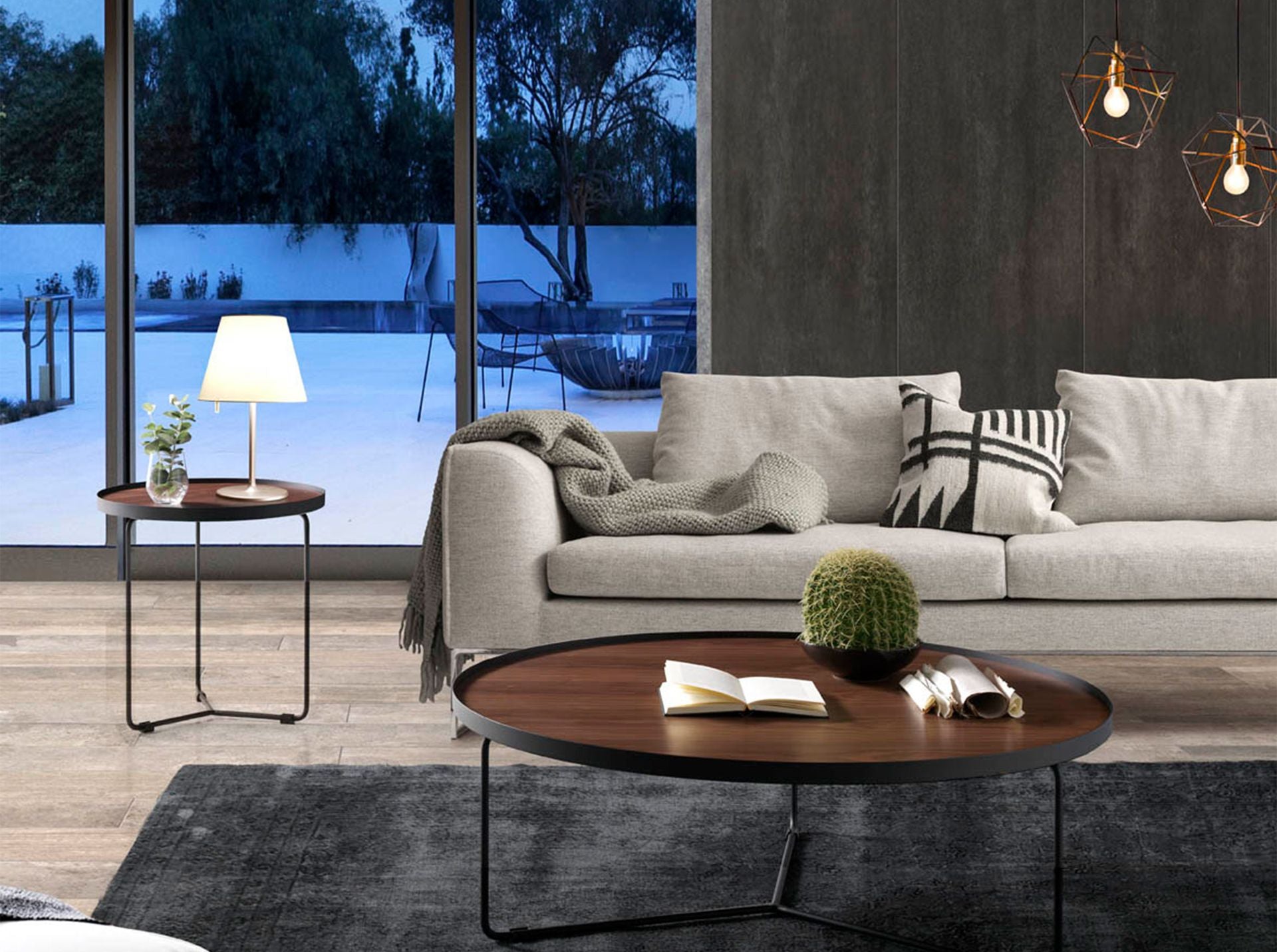 Mesa rincón redonda nogal y acero negro