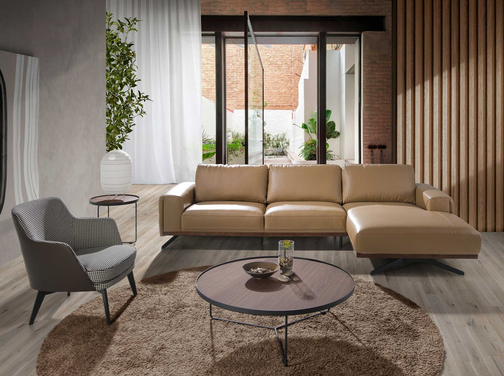 Mesa rincón redonda nogal y acero negro