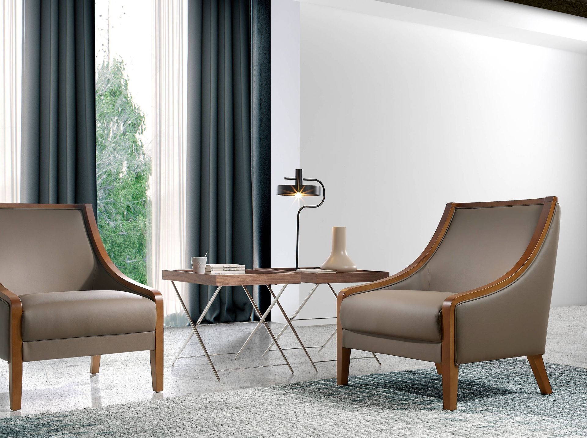 Mesa rincón rectangular nogal y acero cromado