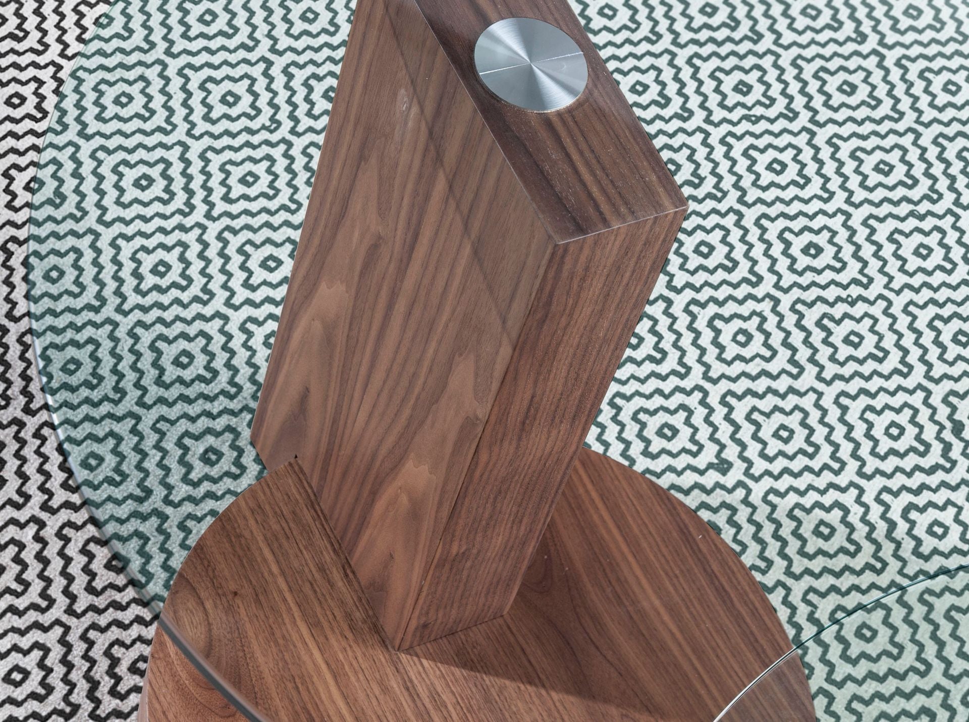 Mesa rincón redonda cristal templado y nogal