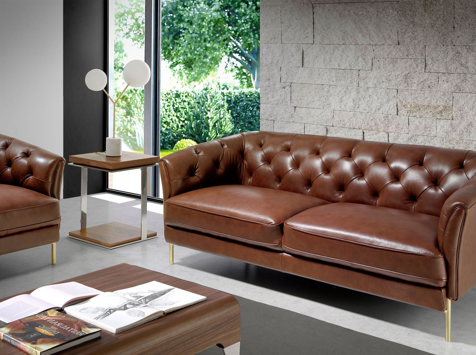 Mesa rincón cuadrada nogal y acero cromado