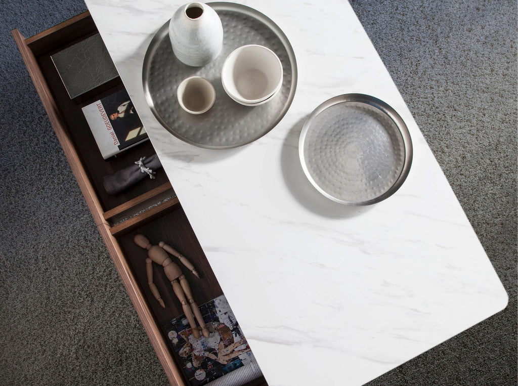 Mesa centro rectangular mármol porcelánico y nogal