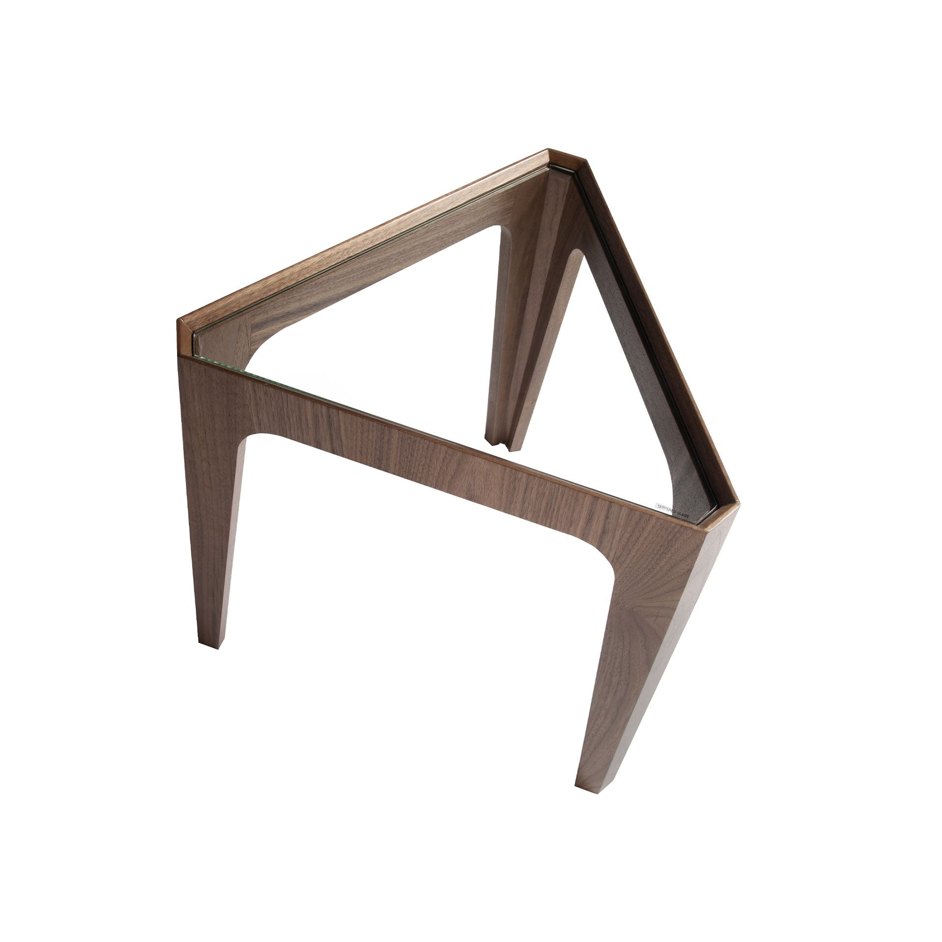 Mesa rincón triangular cristal templado y nogal