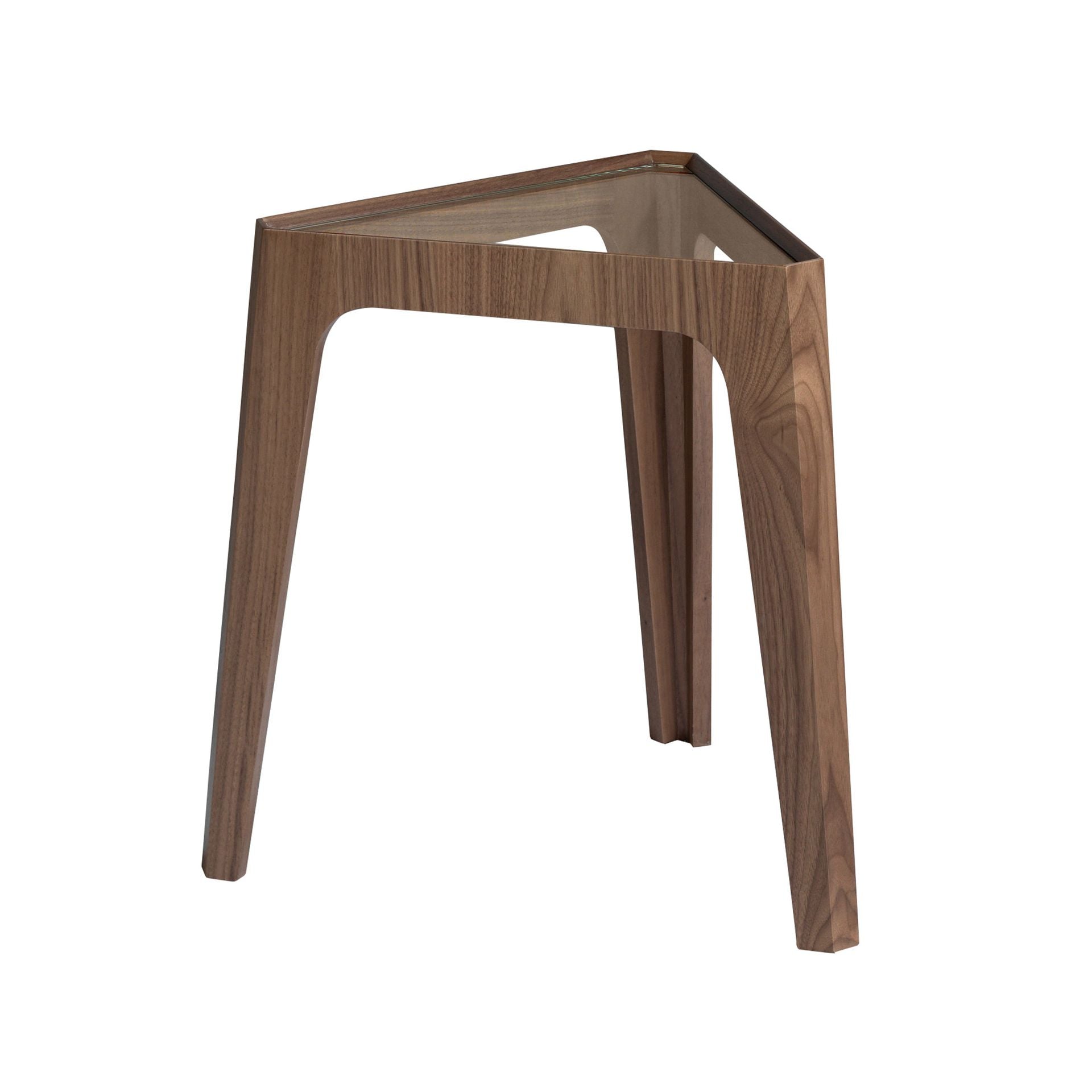 Mesa rincón triangular cristal templado y nogal